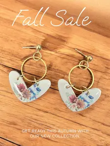 Floral chevron earrings with gold bezel, Floral clay earrings polymer clay