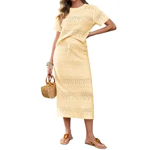 Tankaneo Womens Crochet Cover Up 2 Piece Skirt Sets Short Sleeve Knit Top Midi Skirt Vacation Travel Outfits