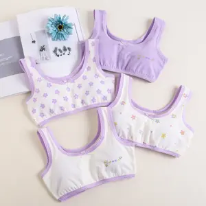 4 pieces of purple floral print girl's breast vest prepubescent girl's fashion items, comfortable breathable girl's fashion items, girl's clothing, girl's set, teen girl's clothing