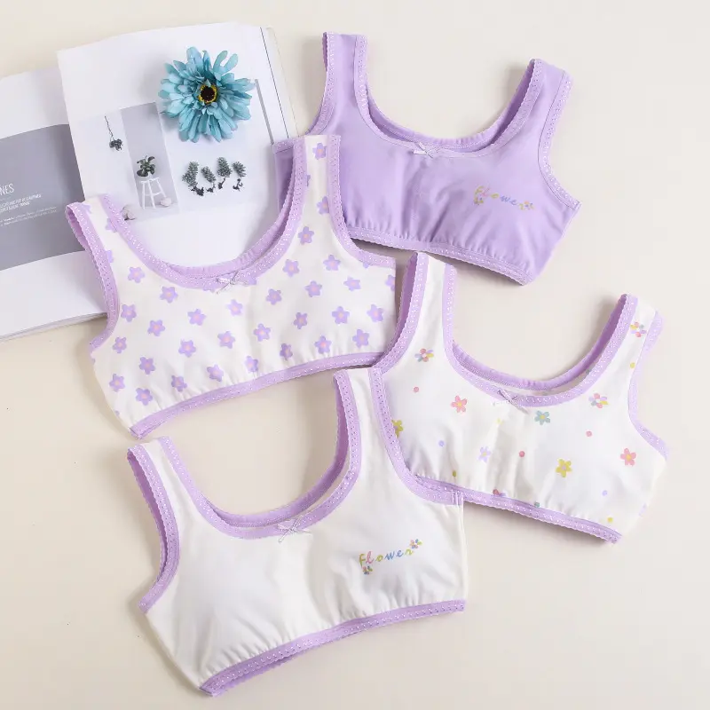 4 pieces of purple floral print girl's breast vest prepubescent girl's fashion items, comfortable breathable girl's fashion items, girl's clothing, girl's set, teen girl's clothing