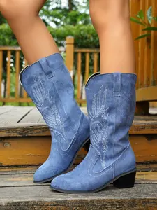 Women's Light Blue Denim Boots, Western Style Casual Party Shoes, Comfortable Design, Above Ankle Below Knee Heel, Fall Winter Fashion, Cowgirl Western Boots