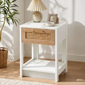 ARCH 15.75" Rattan End Table with Drawer, Modern Nightstand Side Table for Living Room Bedroom, White MDF Wood, Easy Assembly, 120lbs Load Capacity, 21.65"H Small Accent Table for Small Spaces, 1 Pack, White Color Options, MDF Material
