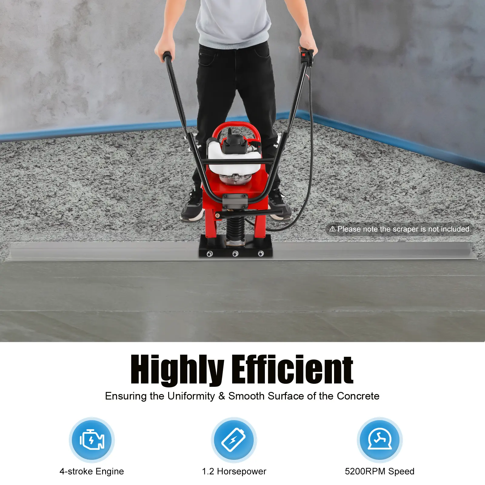 1.2HP 4-Stroke Gasoline Concrete Vibration Machine, 5200r/min, Iron Frame, Adjustable Handle, 1-6m Ruler, 0.172gal (0.65L) Fuel Tank Capacity, 1*Connecting Plate, 1*Machine Host, 1*Outrigger for Pavement, Bridge Decks, Vibratory Plate Machine