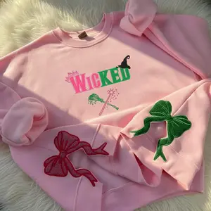 Glitter Wicked Side Bow Embroidered Sweatshirt, Defy Gravity Broomstick Magic Wand Hoodie, Wizard of Oz Movie, Gift For Her