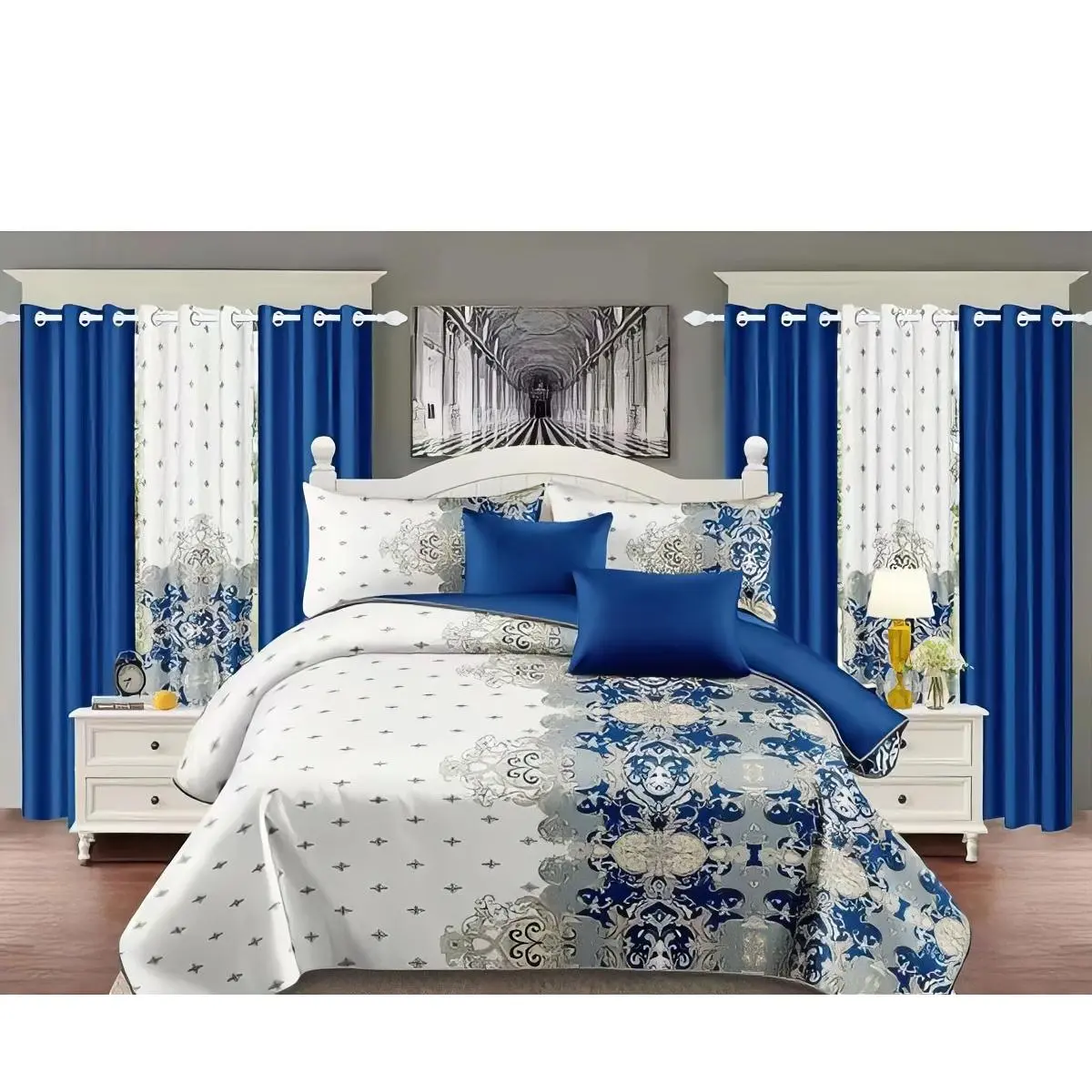 9 pcs Blue and White Damask Bedding Set with 2 Blue Pillows and 2 White Pillows for a Luxurious Look