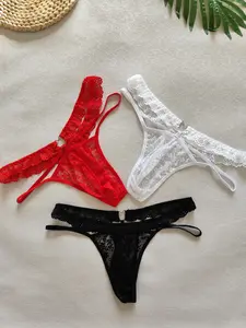 3 PCS Men's Sexy Slim Fit Thongs, Floral Lace Waistband, Love Metal Ring, Breathable And Comfortable Underwear