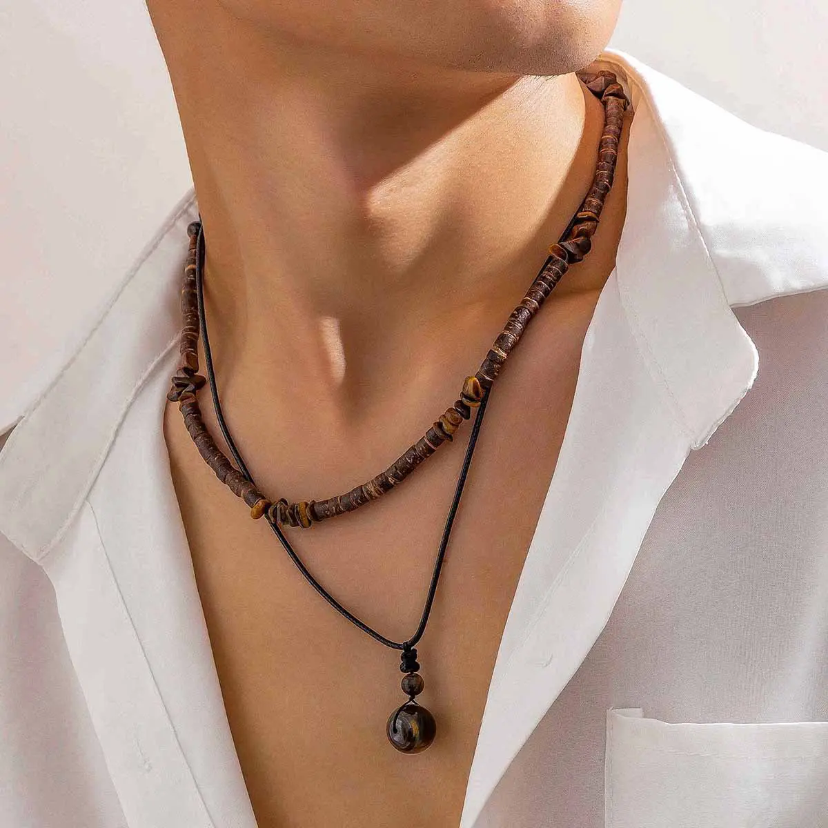 Men's Personalized Coconut Shell Turquoise Leather Wax Thread Necklace Set, Hip Hop Niche Stacked Jewelry Necklace, Daily Wear Jewelry, Beach Vacation Accessories