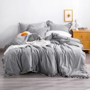 NTBAY 3 Pieces Duvet Cover Set, with Exquisite Ruffles Design, Cotton ang Linen, Breathable Solid Color Comforter Cover Set, Springtok, Gift