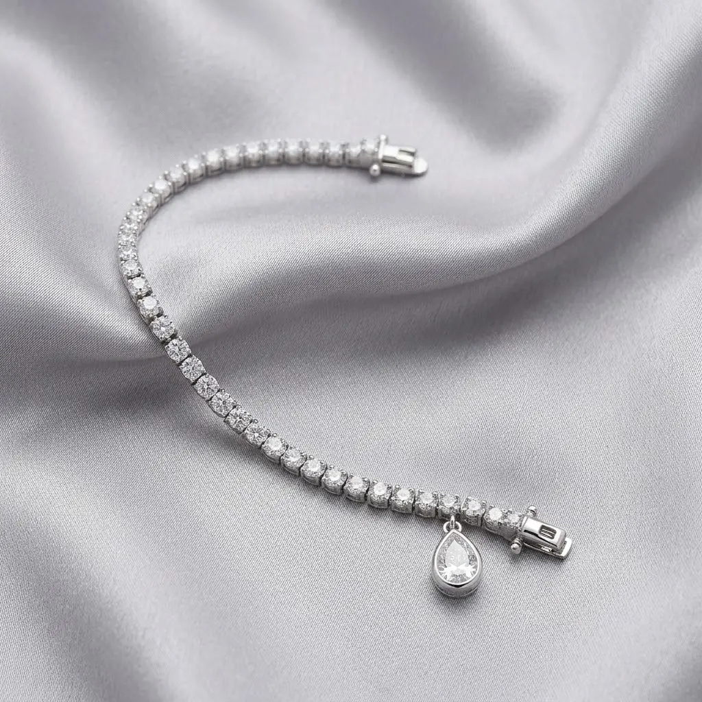 Elegant Silver Teardrop Charm Bracelet with Rhinestones and Secure Clasp for Women's Jewelry