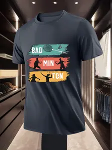 Trendy Personality Badminton Pattern Printed Short Sleeve T Shirt for Daily Casual Sports Training and Outdoor Activities