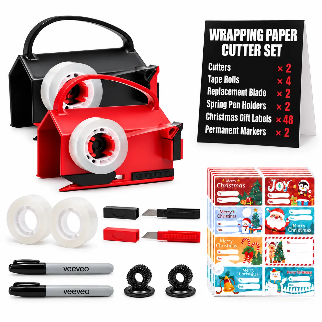 Veeveo Wrapping Paper Cutter & Tape Dispenser, 2-Pack Christmas Gift Wrapping Kit for Home & Crafters, Accessory Option: 4 Tape Rolls, 2 Spare Blades, 2 Pen Holders, 2 Markers, 48 Labels (6 Sheets)