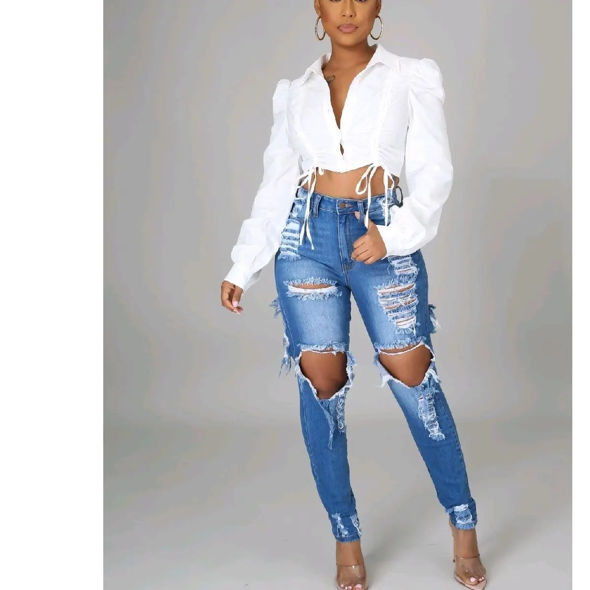 Women's Baggy Ripped Jeans, Casual Loose-Fitting Floor Length Boyfriend Denim with Deconstruction Detail for Streetwear, Fashion, Normal Type, Plain, City Street Fashion Jeans, Decorated Jeans