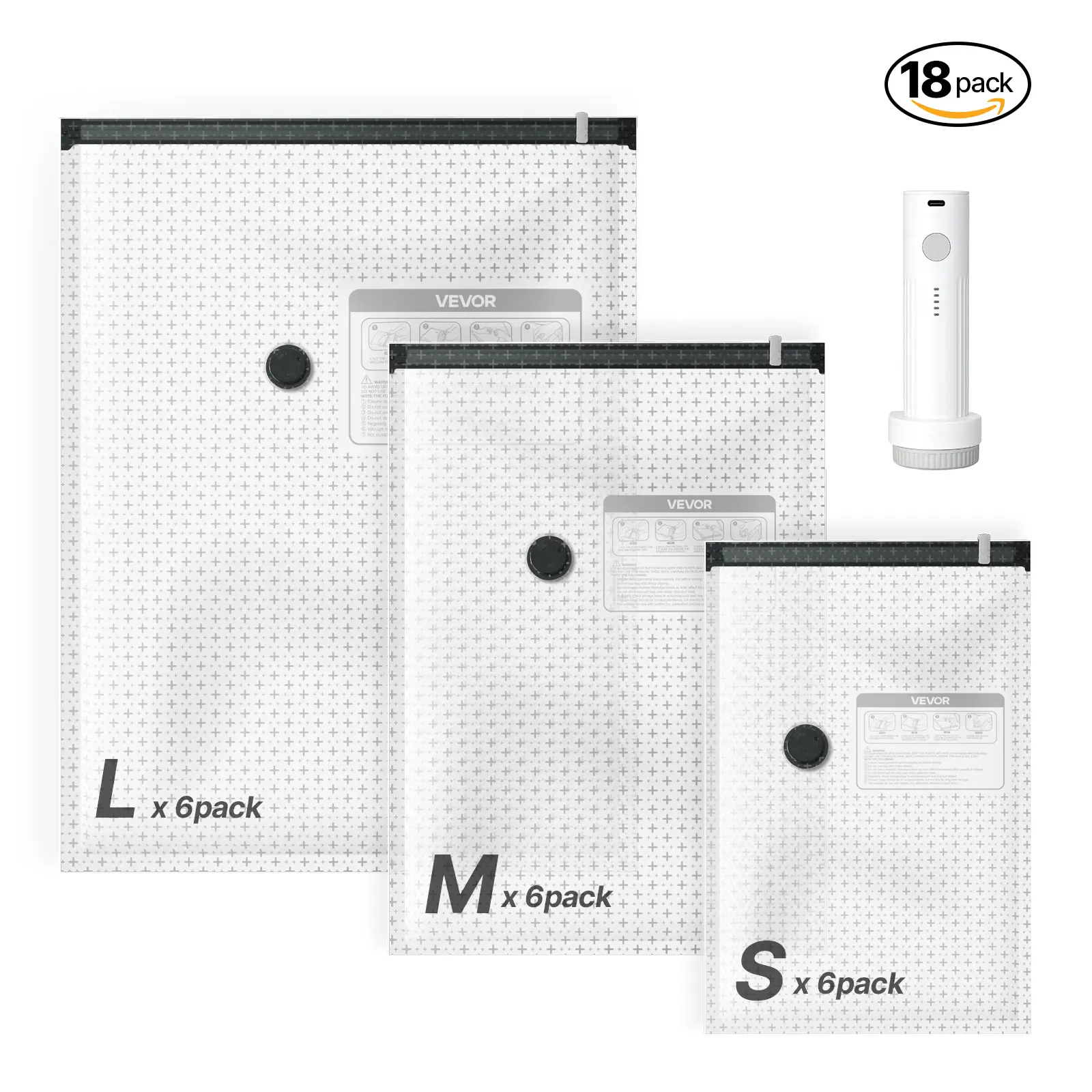 【summerfinds】VEVOR Vacuum Storage Bags 18-Pack, Compressed Portable Resealable Sealing Zipper Sealer Bags with Pump & Charging Cable, Double Zipper Seal, Thick PA-PE Material, Home Organizer for Clothing, Travel Luggage, Compressed Bags