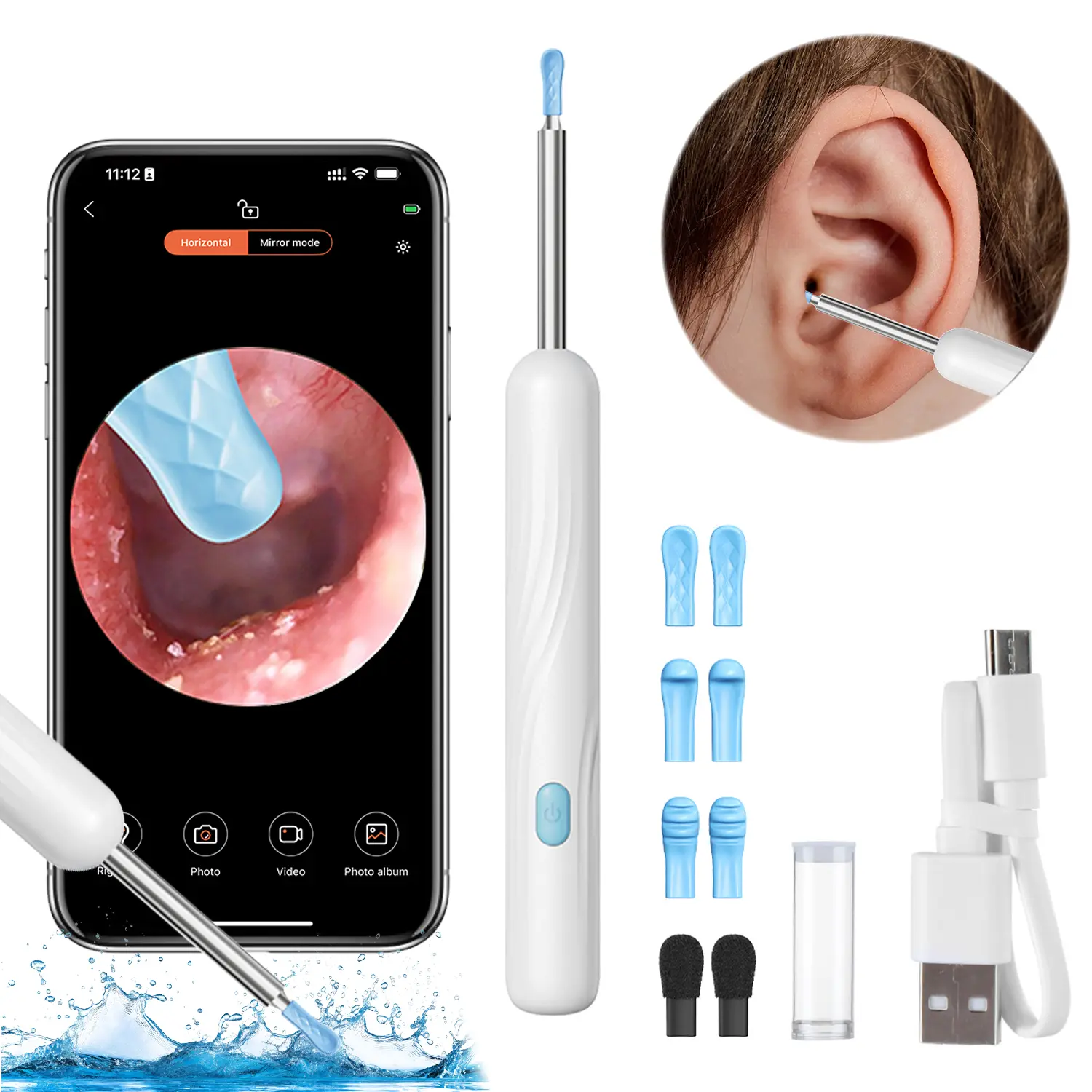 FREECUBE Ear Wax Removal kit Camera, White Ear Wax Cleanning Tool with 1080P HD Wireless Ear Otoscope with 6 LED Lights, Ear Wax Cleaner Tool with Soft Silicone Ear Spoon for iOS & Android Mother's Day Gift