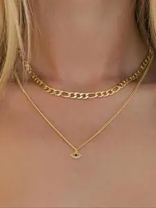 Fashion Trendy 18k Gold Plated Wide Cuban Chain Necklace, Layered Stackable Design with Copper Devil Eye Pendant, Perfect for Daily Wear and Gifts