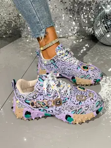 Fashionable Letter Single Shoe for Women, Rhinestone Fashion Sneakers, Diamond Embellished Durian Sole Platform Shoes