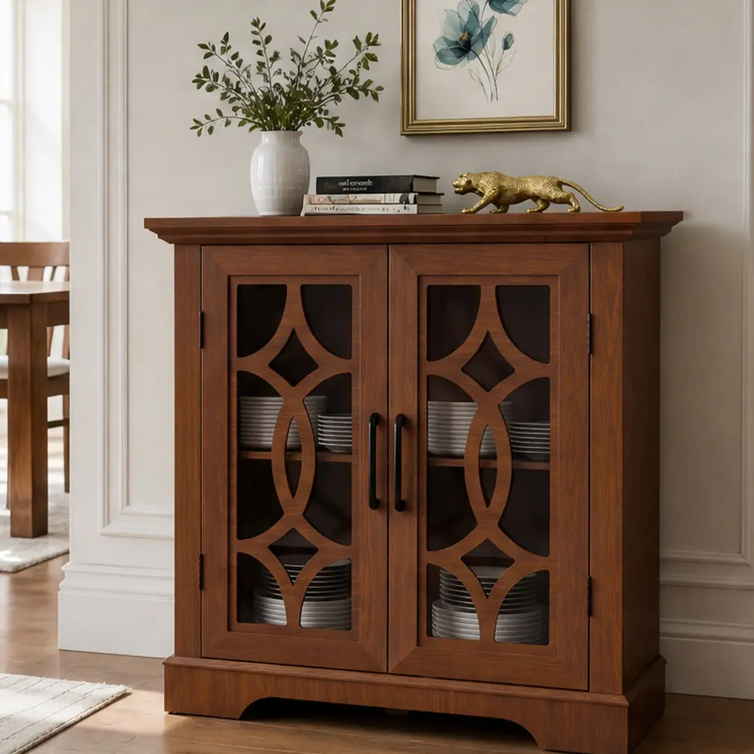 ARCH 34.37in Wide Sideboard Buffet Cabinet with 2 Clear Tempered Glass Doors, Adjustable Shelf, MDF Dark Oak Storage Cabinet for Dining Room, Kitchen, Living Room, Anti-Tip Design, Dark Oak Color Options, MDF Material, Product Weight: 63.40 lb
