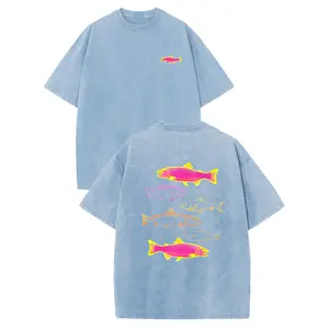Holafish Heavyweight Cotton Crewneck Streetwear T‑Shirt, Retro Acid Wash Neon Trout Fish Dual Side Graphic Printed Unisex Fashion Tees summervibes Casual Top