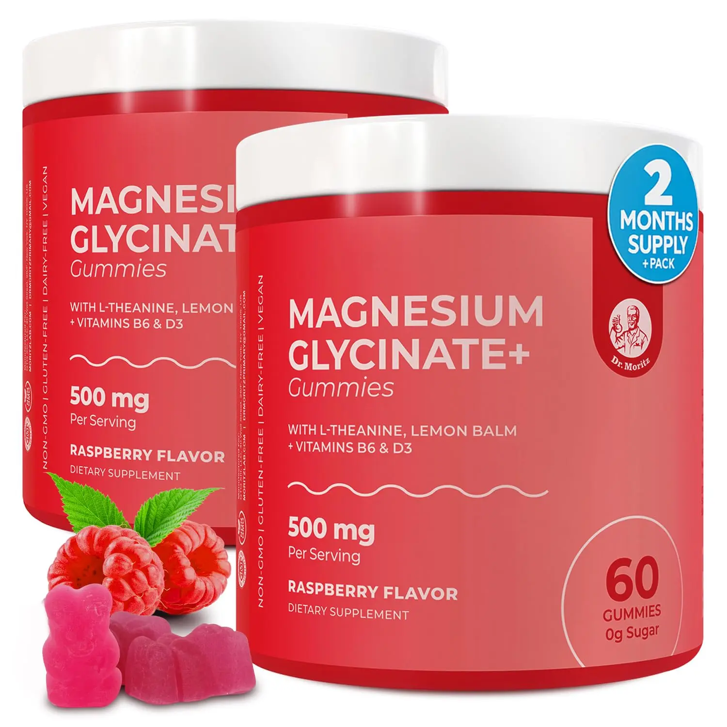 DR. MORITZ Chewable Magnesium Glycinate Gummies 500mg, Raspberry Flavor, with L-Theanine, Lemon Balm Ease, Vitamins B6 & D3, No Sugar Added, Non-GMO, 120 Count Anxiety Management Mineral Supplement for Daily Supplemental Nutrition Support, Anxiety Managem
