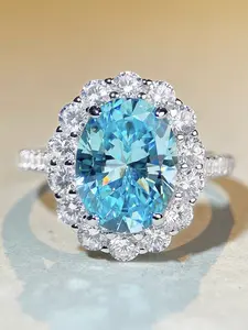 Women's Silver Color Zirconia Ring, Flower Design Full Diamond Blue Sapphire, Fashionable Party Pigeon Egg Ring, Elegant Jewelry Accessory