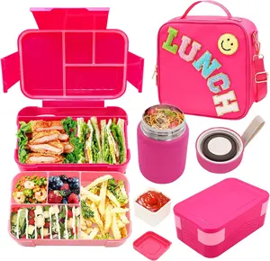 Bento Lunch Box Set for  with 10oz Thermo  Jar, Leak-Proof Lunch Containers with 6 Compartment, Nylon Preppy Lunch Bag with Adjustable Strap for Girls School Travel Picnic