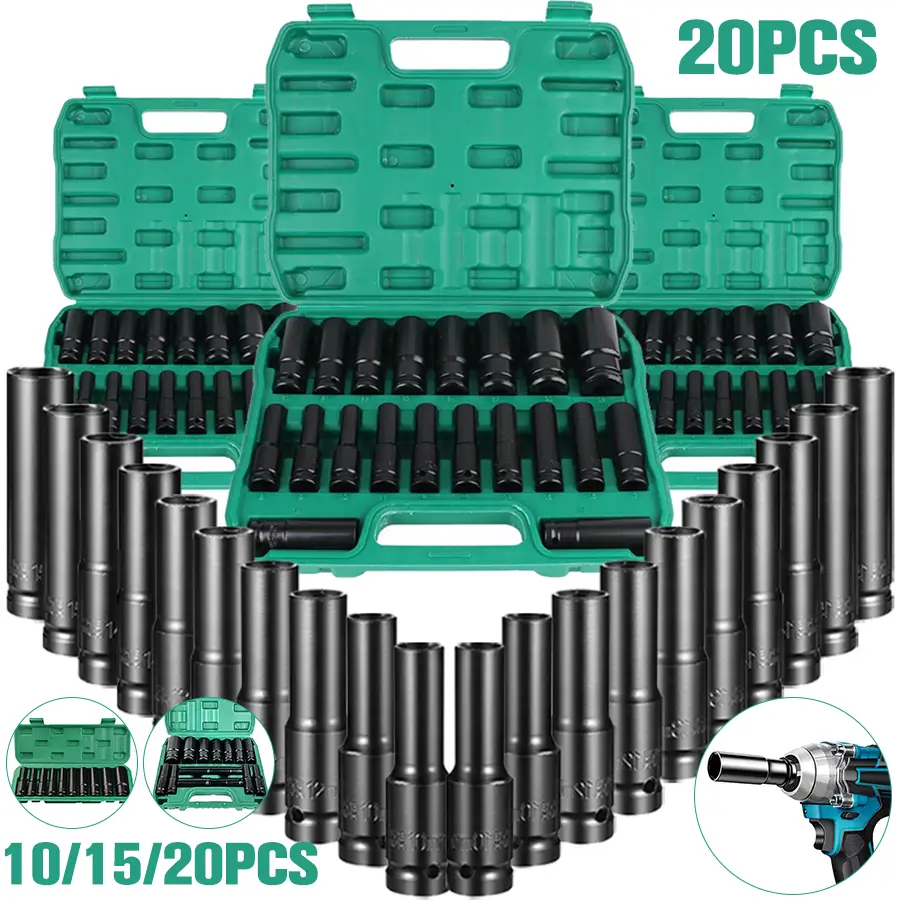 20-Piece Heavy-Duty 1/2" Drive Deep Metric Impact Socket Set, Durable Steel Construction for Tire Removal, Pneumatic Tool Compatible, 8mm to 32mm