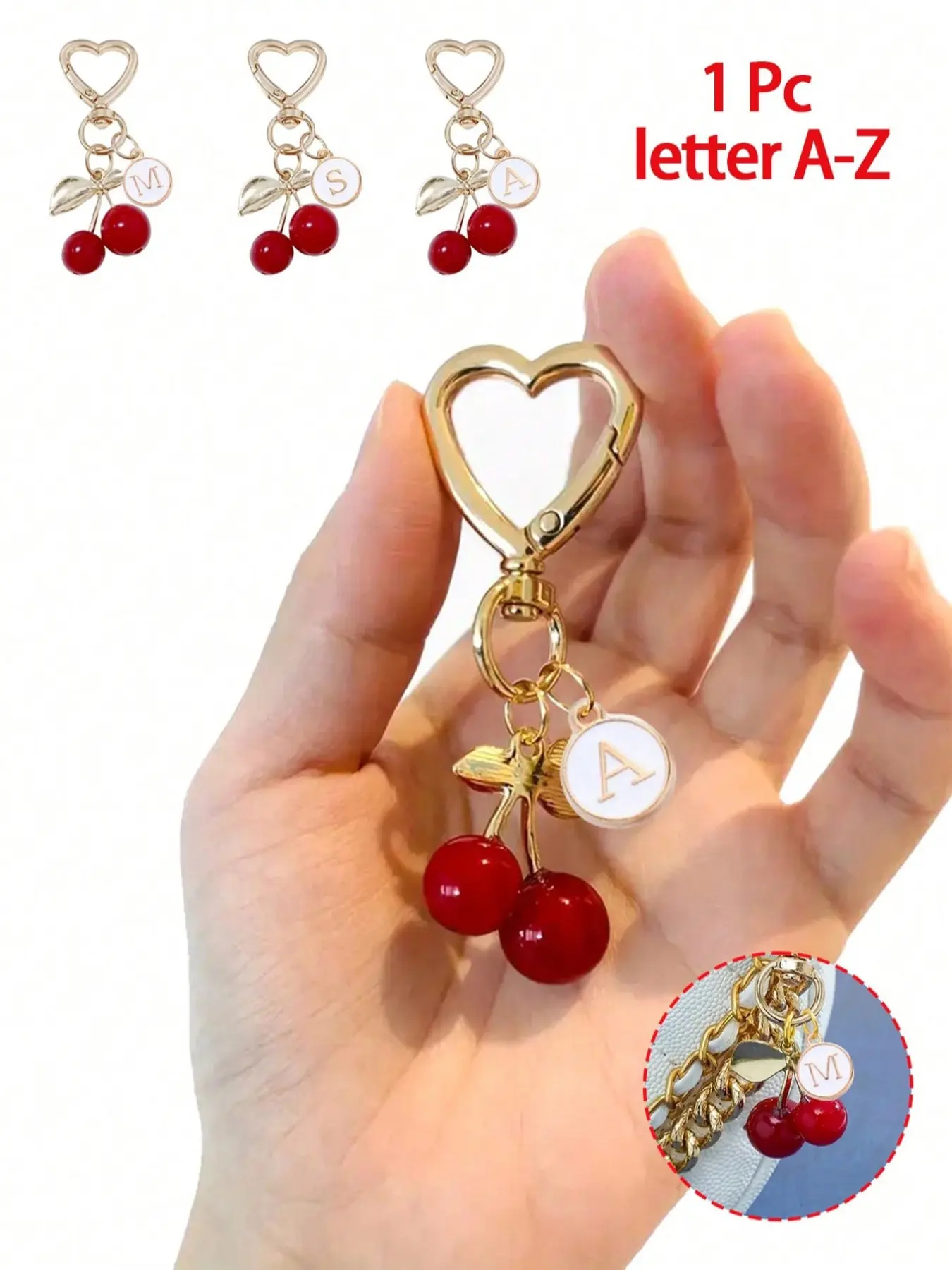 Cute Cherry Gold Butterfly Bag Charm Pendant, Fashion Backpack Keychain, A-Z Letter Alloy Pendants, Resin and Metal Accessories, Initial Bag Charm