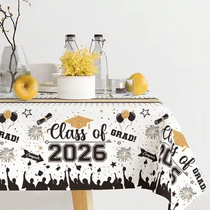 1Pc White And Golden Dots Congratulations Graduate Tablecloth, 220*130Cm Graduation Celebration Disposable Table Cover, Joyful Graduation Party Decoration, Commemorating Graduation Party Table Decor, Graduation Season Party Supplies