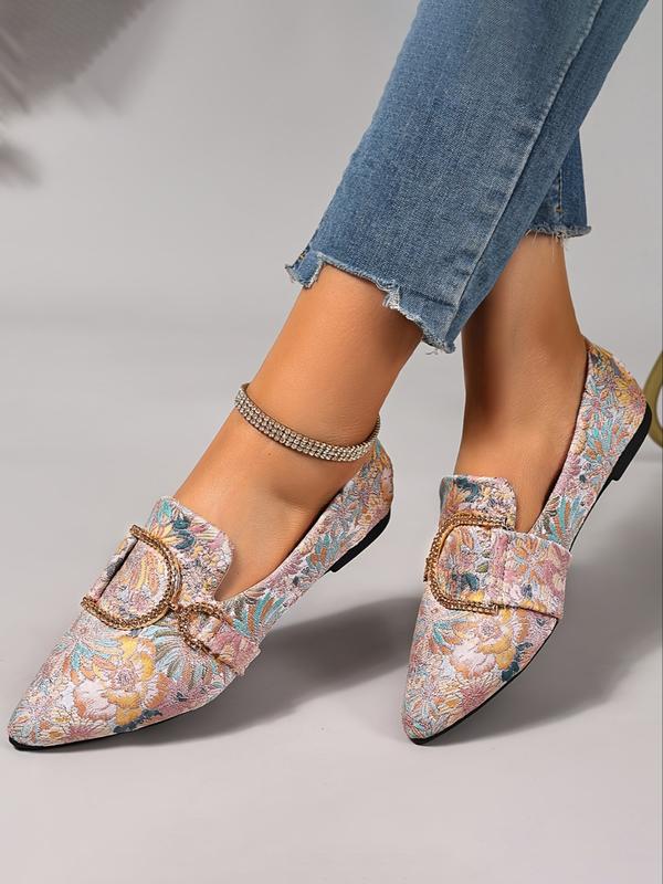 Women's New Floral Embroidered Flat Shoes, Rhinestone Decor, Pointed Toe, Low Heel, Comfortable, Anti-Slip, Durable, Casual All-Season Footwear, Flats Shoes