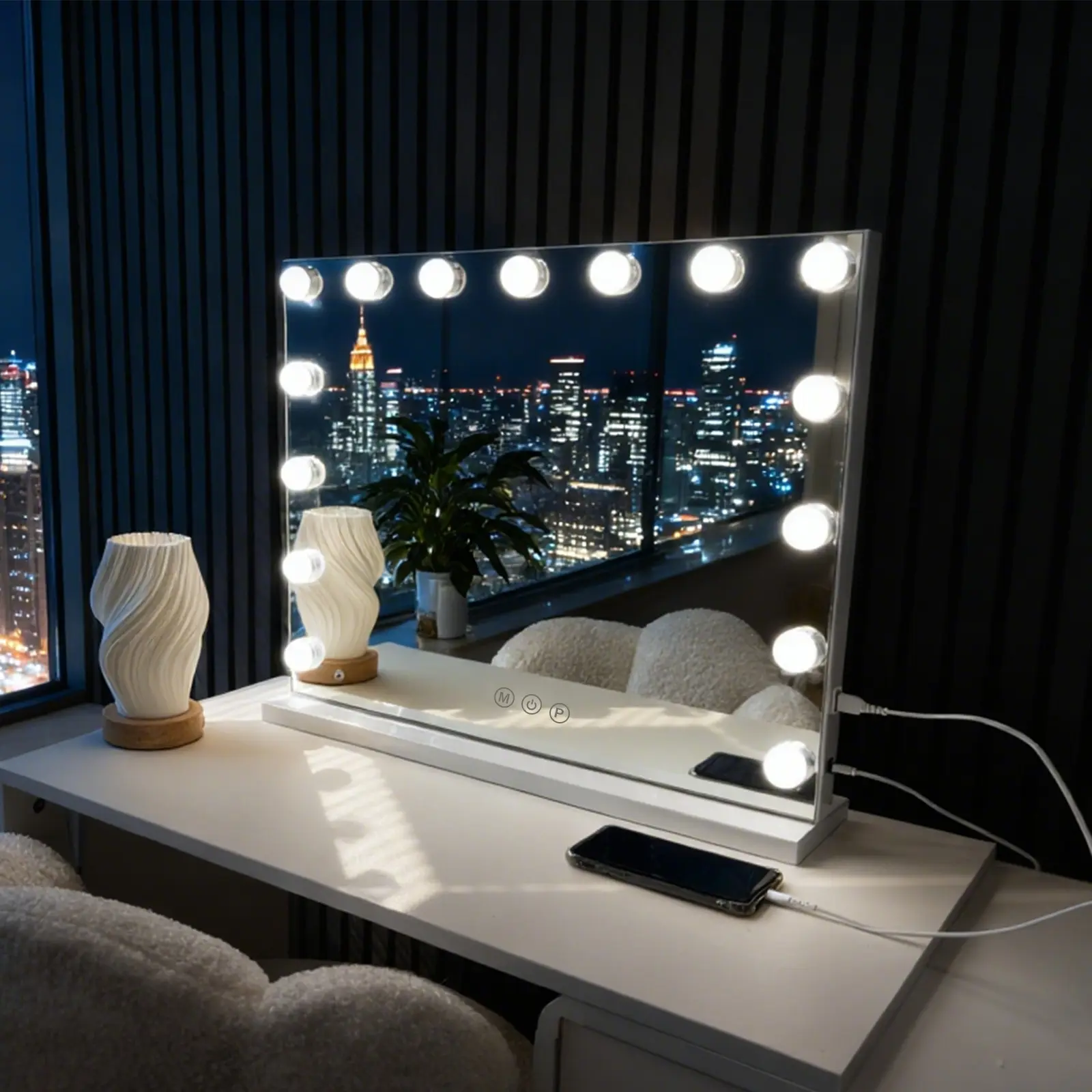 Hollywood LED Vanity Mirror with 15 Dimmable Bulbs, 58x46cm, USB & Type-C Charging Port, 3 Color Lights, Touch Control, Tabletop & Wall Mount Makeup Mirror with 5X Magnifier for Bedroom Dresser, adapter is not included
