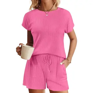 Women's 2-Piece Ribbed Knit Pajamas Set, Cap Sleeve Womenswear Loungewear Sleepwear, S-XXL Sizes
