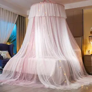 Princess Bed Canopy for Girls, Double Layer Sheer Mesh Dome Bed Canopy Curtain, Round Lace Princess Mosquito Net Tent Fits Twin Full Queen King Bed (Pink/White)