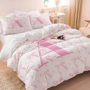 Pink Bow Print Bedding Set with A-Z Letter Design, The Set Includes 1/2 Pillowcases, Simple and Stylish Duvet Cover Set, Soft Bedding Sets, Soft Comfortable for All Seasons, Ideal for Creating Princess Bedroom Decoration