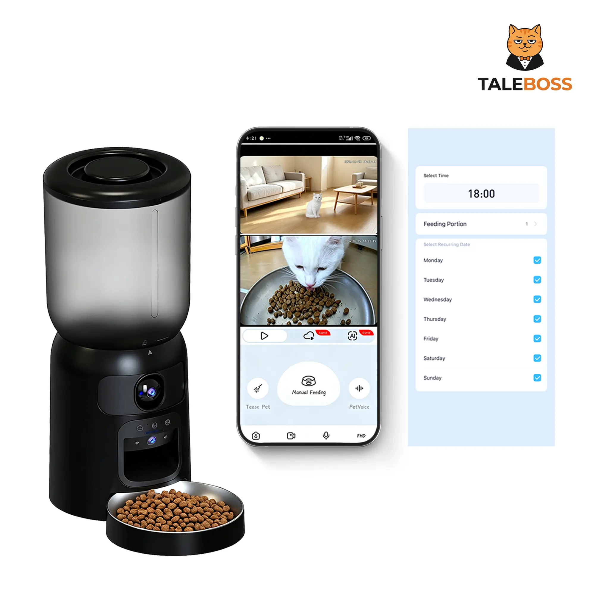 TaleBoss 5L WiFi Automatic Cat Feeder with Dual Cameras, Lid, Remote Control, Infrared Laser Play, Timed Dry Food Dispenser, 10 Daily Meals, 1-15 Portions, Stainless Steel Bowl, Power Supply, Battery Backup Feed for Indoor Cat Owners