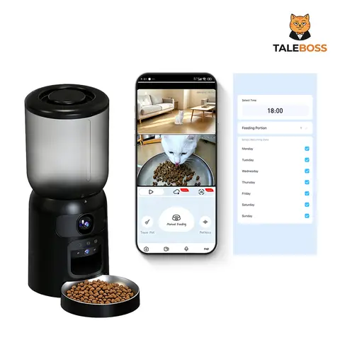 TaleBoss 5L Large-Capacity WiFi Automatic Cat Feeder with Dual-Camera Design, Lid, Remote Control, Infrared Laser Play, Timed Dry Food Dispenser, 10 Daily Meals, 1-15 Portions, Stainless Steel Bowl, Battery and Plug-In Modes for Indoor Cat Owners