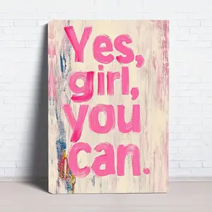 1 Piece of Canvas Art with a Wooden Frame, Featuring a Simple Typography Design That Says 'Yes Girl You Can' in Pink Letters. for Home Office or Bathroom Inspirational Gift Idea Ready to Hang Bathroom Wall Decor.