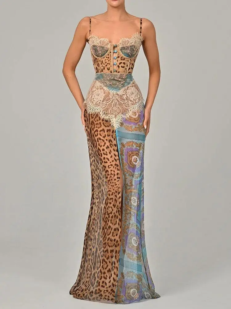Mozision Leopard Print Lace Split Sexy Maxi Dress Women Gown Elegant Patchwork Chiffon Sleeveless Backless Beach Evening Dress
