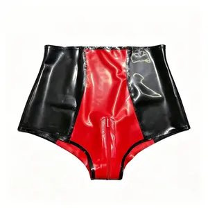 Red & Black High Waist Latex Shorts Front Zipper Glossy Slim Fit Punk Goth Rave Cosplay Party Halloween Daily Wear