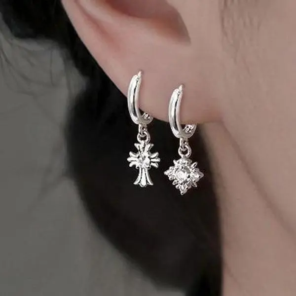 Silvery Cross Star Dangle Hoop Earrings, Asymmetric Crystal Cross and Starburst Drop Huggie Earrings, Sparkling Statement Ear Jewelry for Women