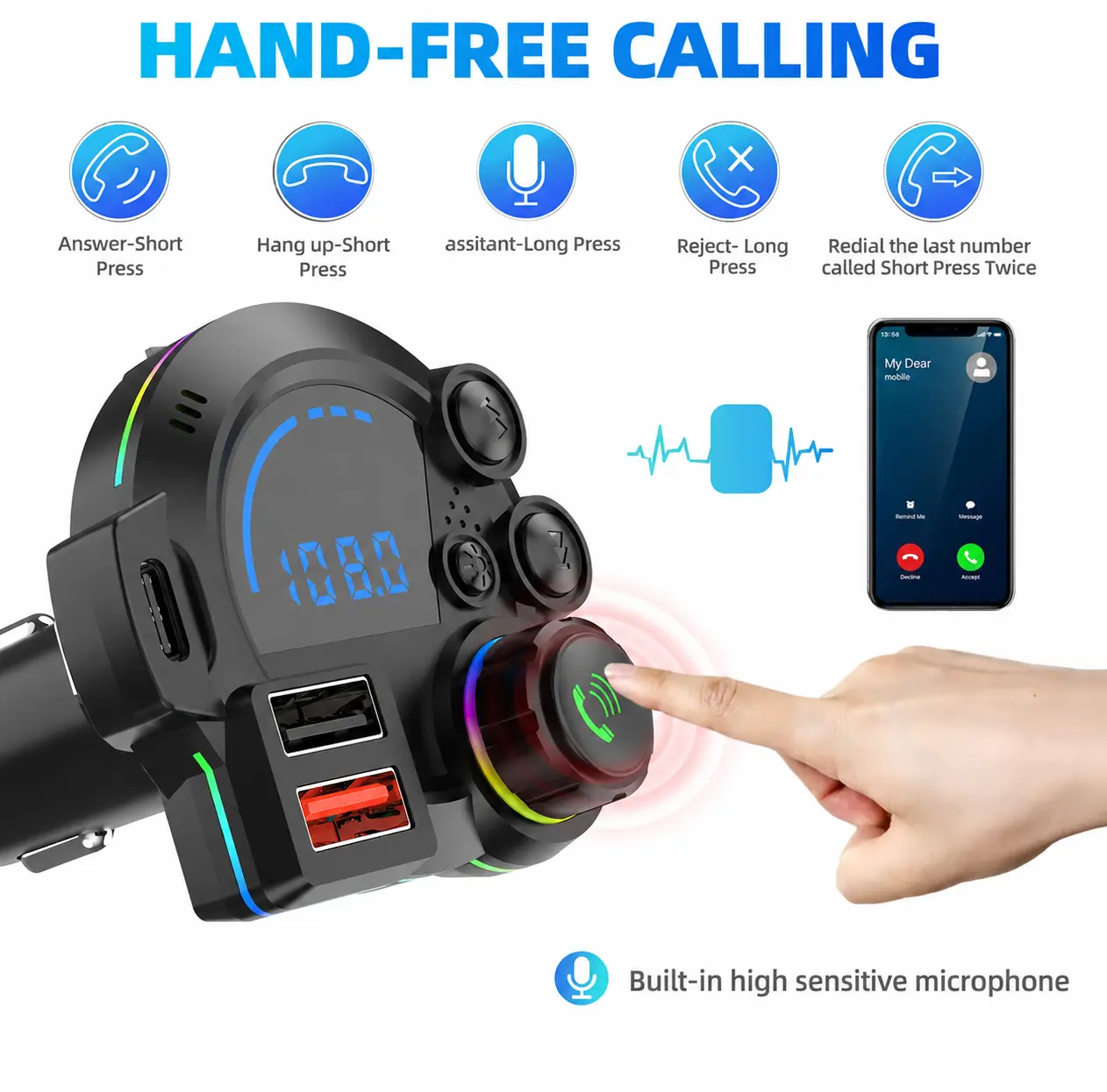 Bluetooth 5.3 FM Transmitter & 20W PD Type-C Car Charger, 2026 Upgraded Wireless MP3 Player, Dual USB Charging Ports, RGB Glowing Radio Adapter, Bass Enhancer & Hands-Free Calls, Compatible with 12V-24V,  Car Accessories