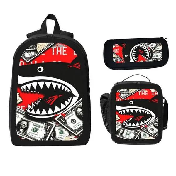Kids' 3-Piece Graffiti Matching Set - Street Art Money Collage School Backpack with Lunch Bag, Pencil Case for School Travel, Urban Art Functional Luggage Gift, Matching Sets