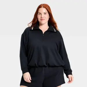 Women's Airy Sleek Pique 1/2 Zip Bubble Hem Collared Pullover Sweatshirt - All In Motion Black 3X