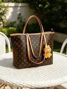 Classic Floral Tote Bag, Large Capacity Commuter Handbag, Cute Plush Keychain, Fashionable Versatile Lady Shoulder Bag, All Seasons