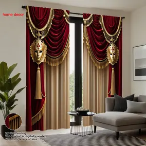 Luxurious European Style Curtains, Venetian Mask & Fringe Decor, Wine Velvet Drapes for Living Room & Bedroom, Tassel Decor Curtain
