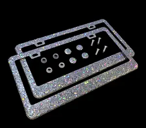 Dazzling Addiction 2 Bling License Plate Frames Holographic Silver Big Chunky Glitter Bling Clear Made in USA Handmade Diamond Holder Screw Caps Personalizable Customizable Customized White Bedazzled Sparkly Shimmering for Girls and Women