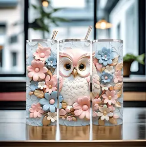 Stylish Insulated 20oz Stainless Steel Travel Mug Featuring 3D Floral Owl Design Perfect For Both Hot And Cold Beverages