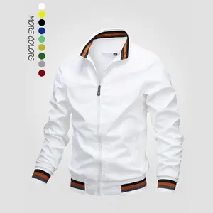 Men's Striped Trim Zipper Sports Jacket Baseball Coat, Regular Fit Long Sleeve Jacket with Pockets, Windproof Flight Jacket, National Day Apparel, Spring/Autumn Men's Wear, Baseball Jacket, Windproof Aviator Jacket, National Holiday Attire, Suitable as a