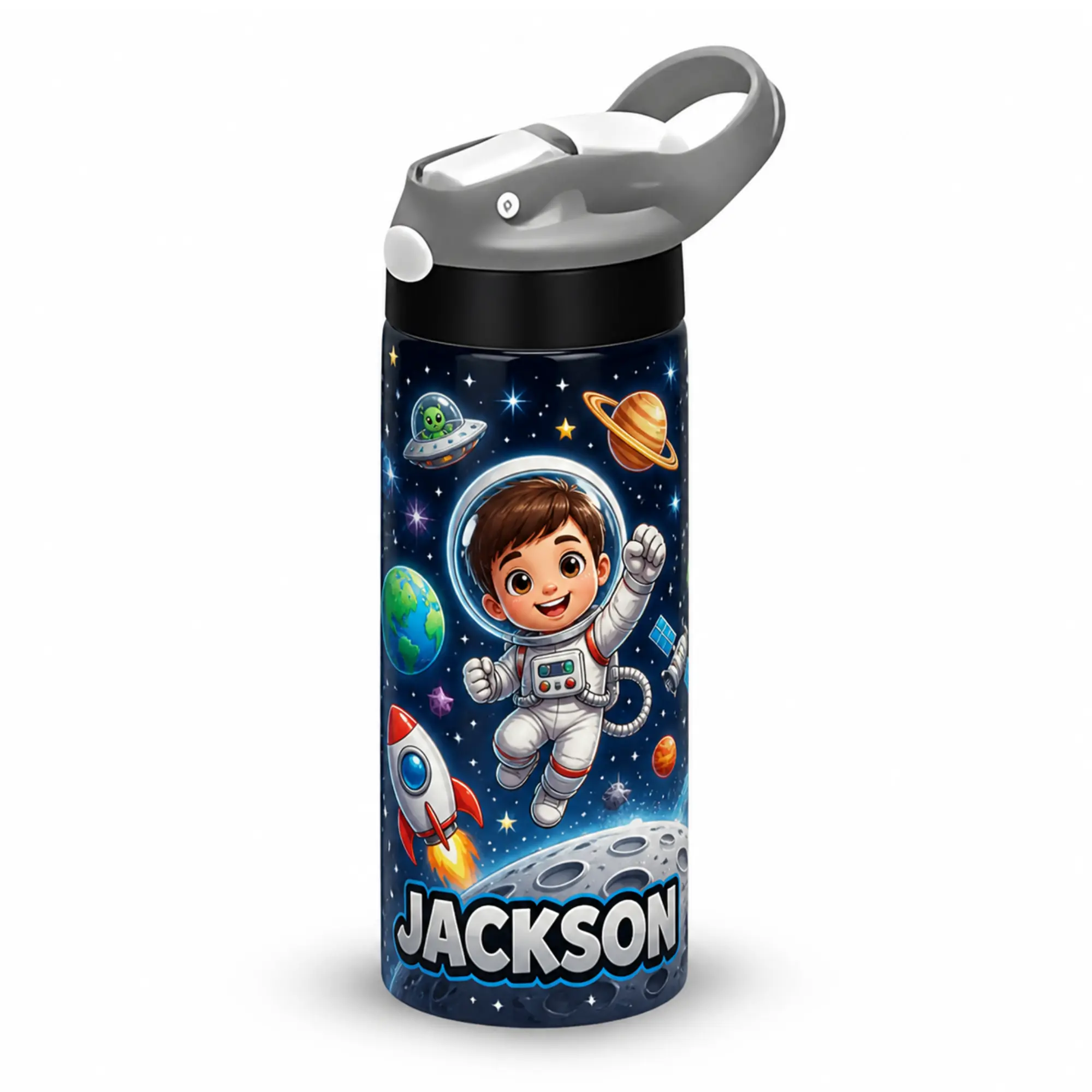 Personalized Space Kids Water Bottle with Name Jackson • Astronaut Galaxy Bottle • Custom Kids Water Bottle • Rocket Planet Design • Boys Space Gift • Back to School Drinkware