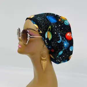 Adjustable surgical OR SCRUB CAP, Solar System night sky Europe style Summer nursing caps  and satin lining option.