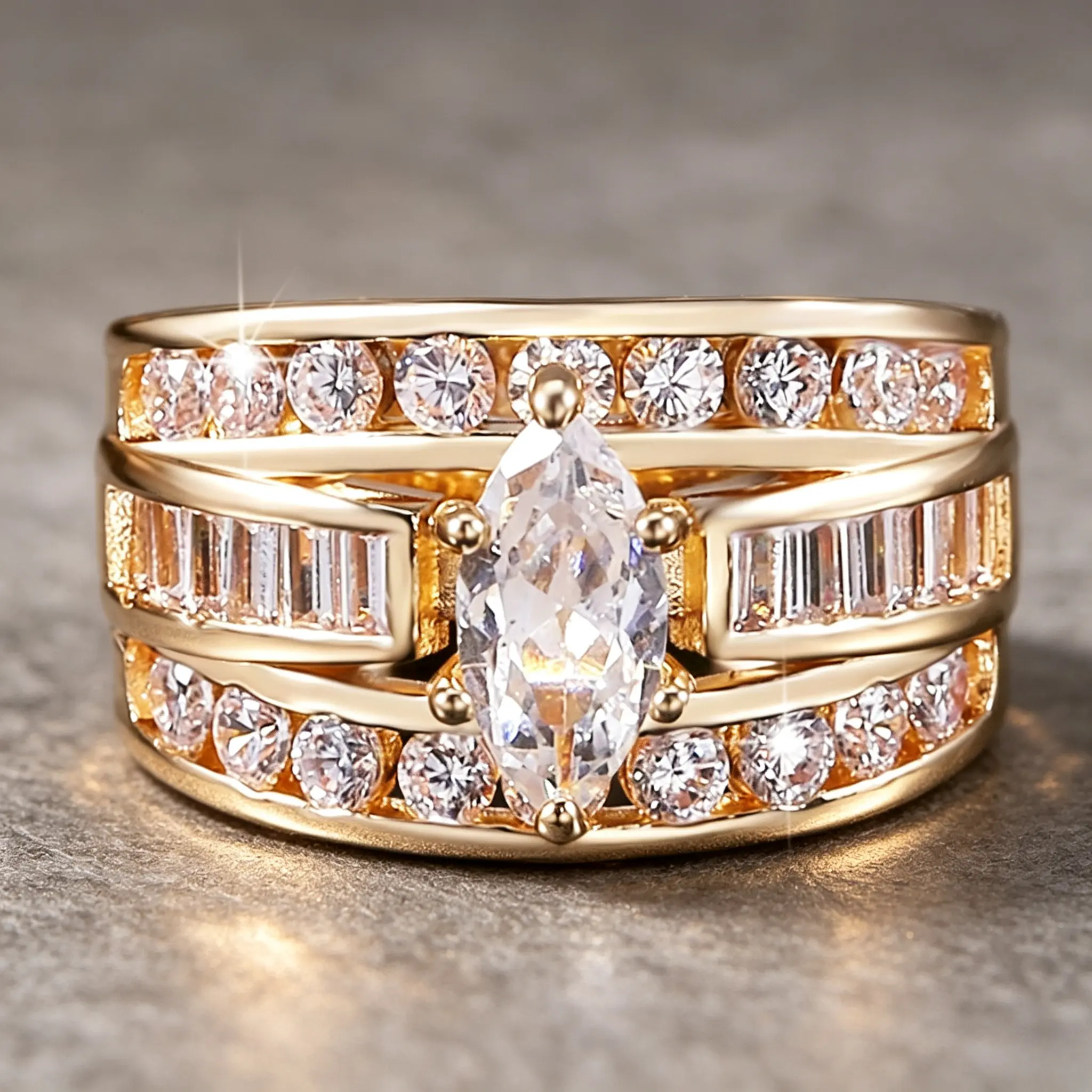 Women Marquise Center Multi‑Row Statement Ring, Mixed‑Cut Layered Inlaid Wide Band Ring, Glam Fashion Jewelry for Engagement Wedding Banquet Party Gift